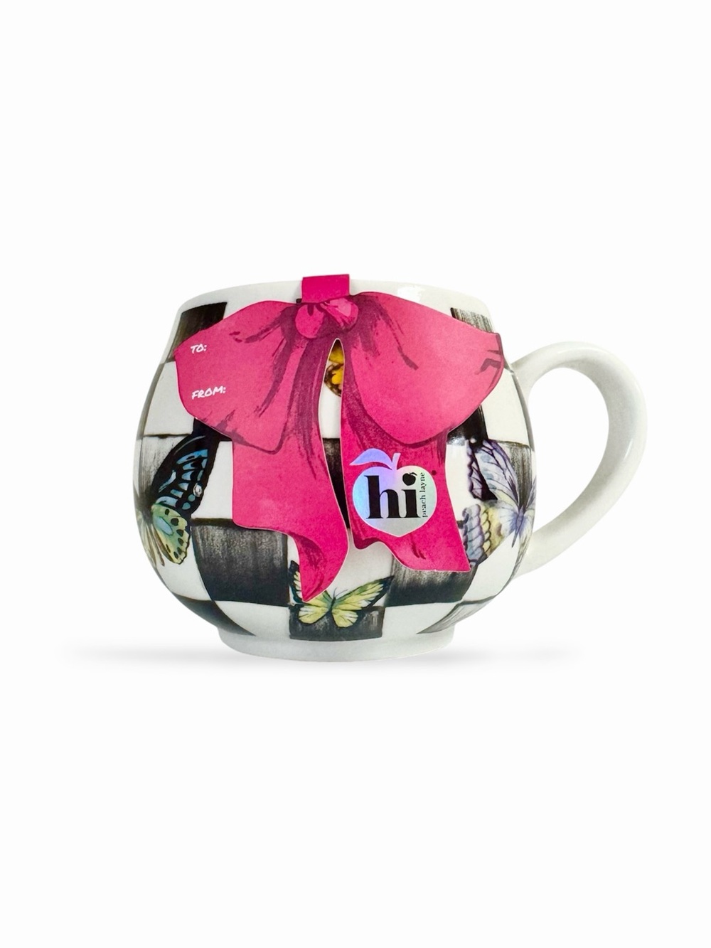 Hi Peach Layne Butterfly Mug Coffee Cup Checkered 12 oz NWT